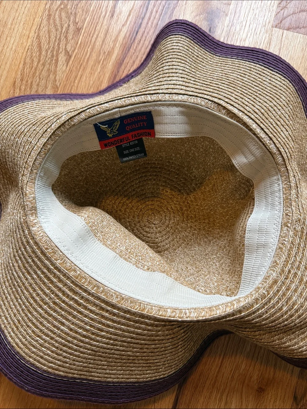 Wide Brim Straw Sun Hat with Purple Trim 100% paper straw